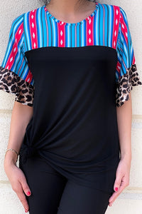 Serape Printed Blouse With Leopard Ruffle Sleeve