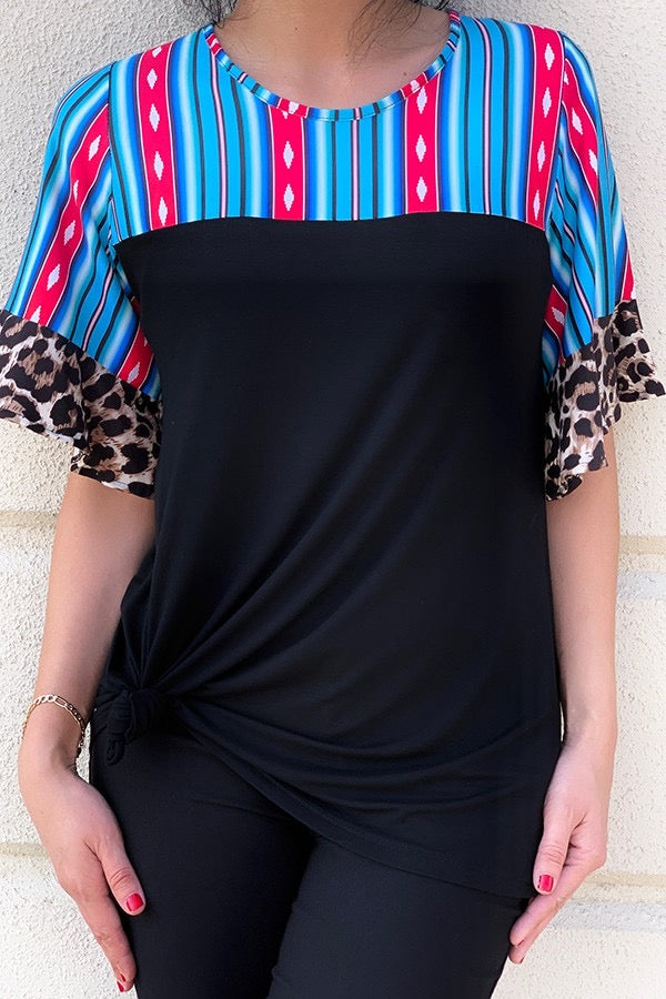 Serape Printed Blouse With Leopard Ruffle Sleeve