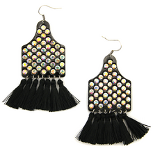 Load image into Gallery viewer, Rhinestone Cow Tag Tassel Earrings
