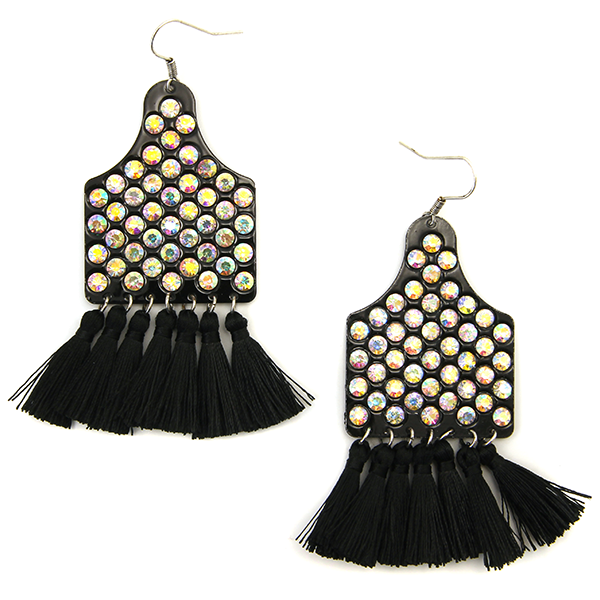 Rhinestone Cow Tag Tassel Earrings