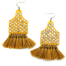 Load image into Gallery viewer, Rhinestone Cow Tag Tassel Earrings
