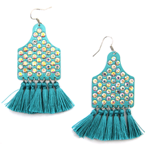 Load image into Gallery viewer, Rhinestone Cow Tag Tassel Earrings
